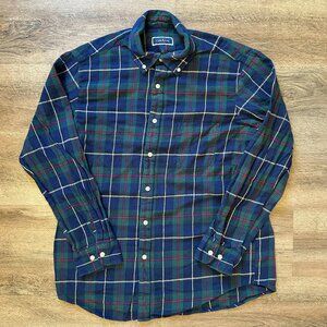 Club Room Casual Button Down Mens Large Green Navy Plaid Rugged Flannel Shirt